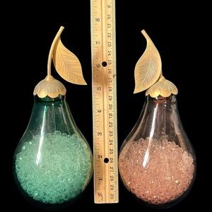 Vintage Blue & Pink Glass Pears With Cork Stoppers & Brass Leaves